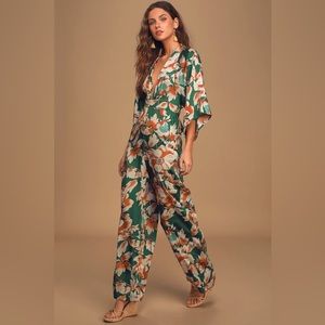 From Sunrise Teal Floral Print Bell Sleeve Wide-Leg Jumpsuit / Lulus